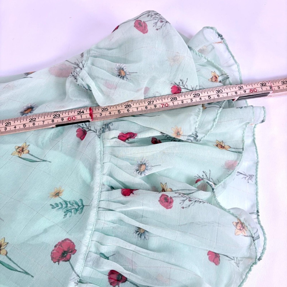 Handmade Vintage Midi Dress Mint Green Floral Poppy Ruffle Flutter Sleeve - Picture 5 of 9